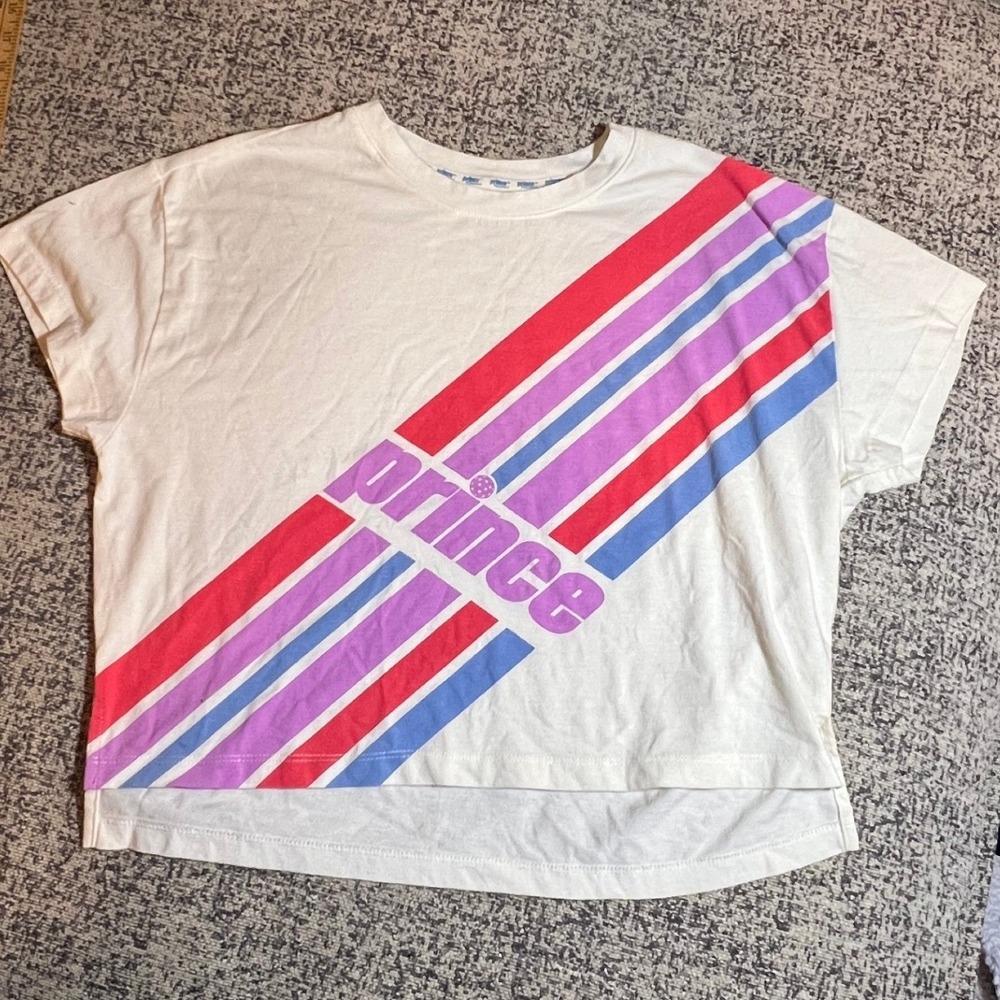 Prince Pickleball Graphic Tee Shirt Women's Size Medium White Rainbow Cropped